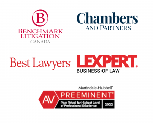 Rankings and recognitions logos including Chambers and partners, best lawyers canada, Lexpert, martindale hubbel and benchmark litigation
